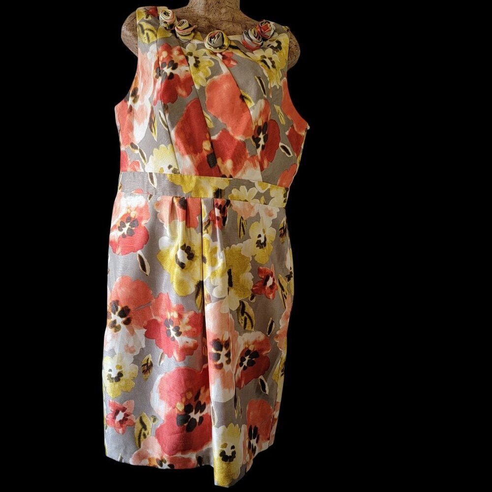 Kim Rogers Floral Sleeveless Dress With Rosette Neckline & Side Zipper